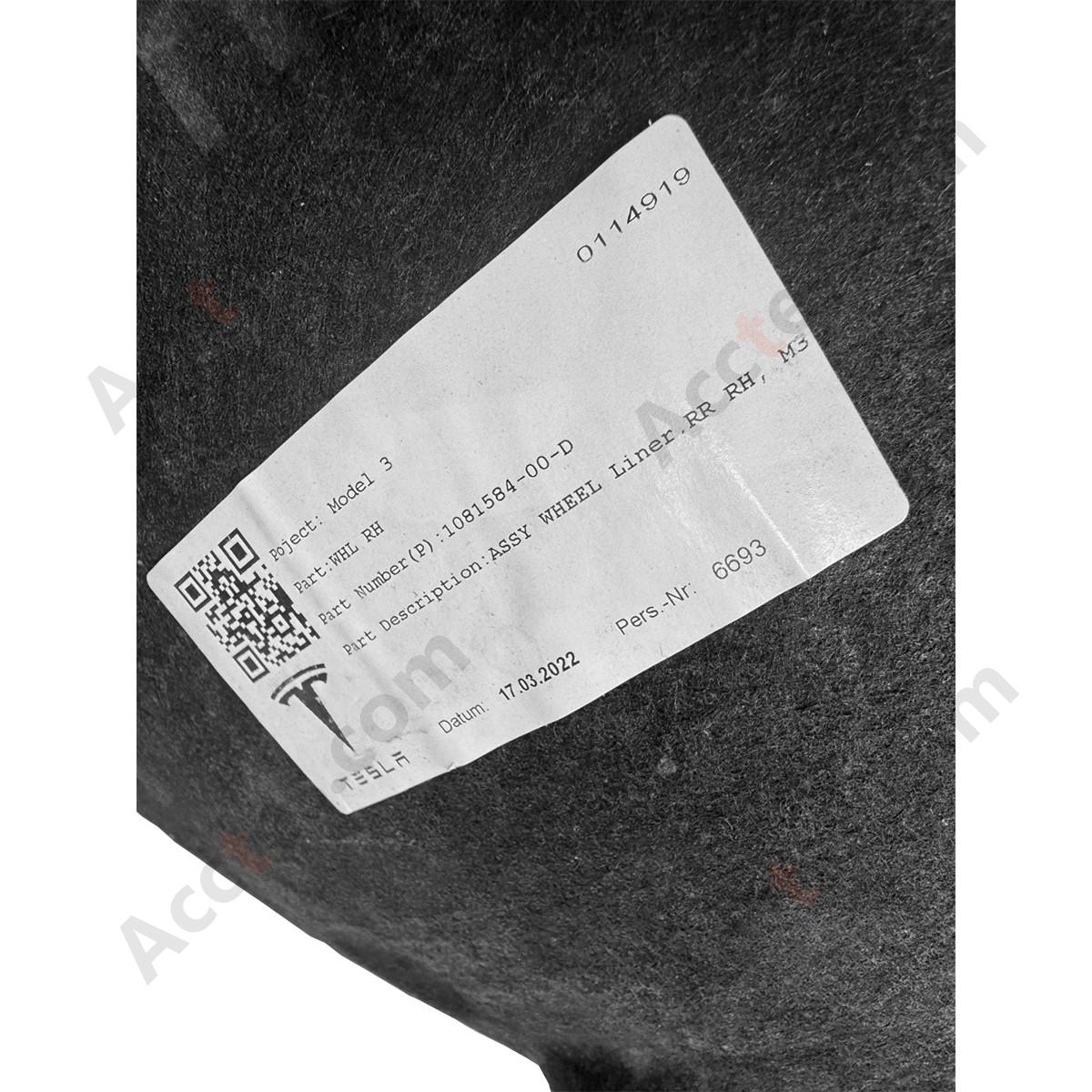 2017‑2023 Tesla Model 3 Wheel Fender Liner Splash Rear Right RH OEM 1081584-00-D