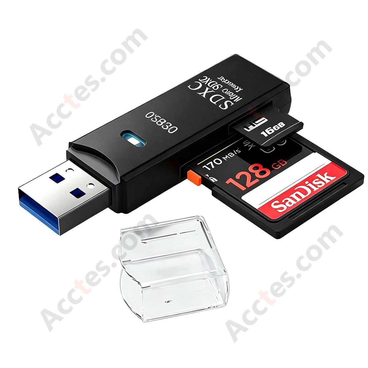 Black USB3.0 SD TF Dual Slot Card Reader