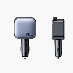 90W Retractable Cable 3 Ports Car Fast Charger Lighter Adapter