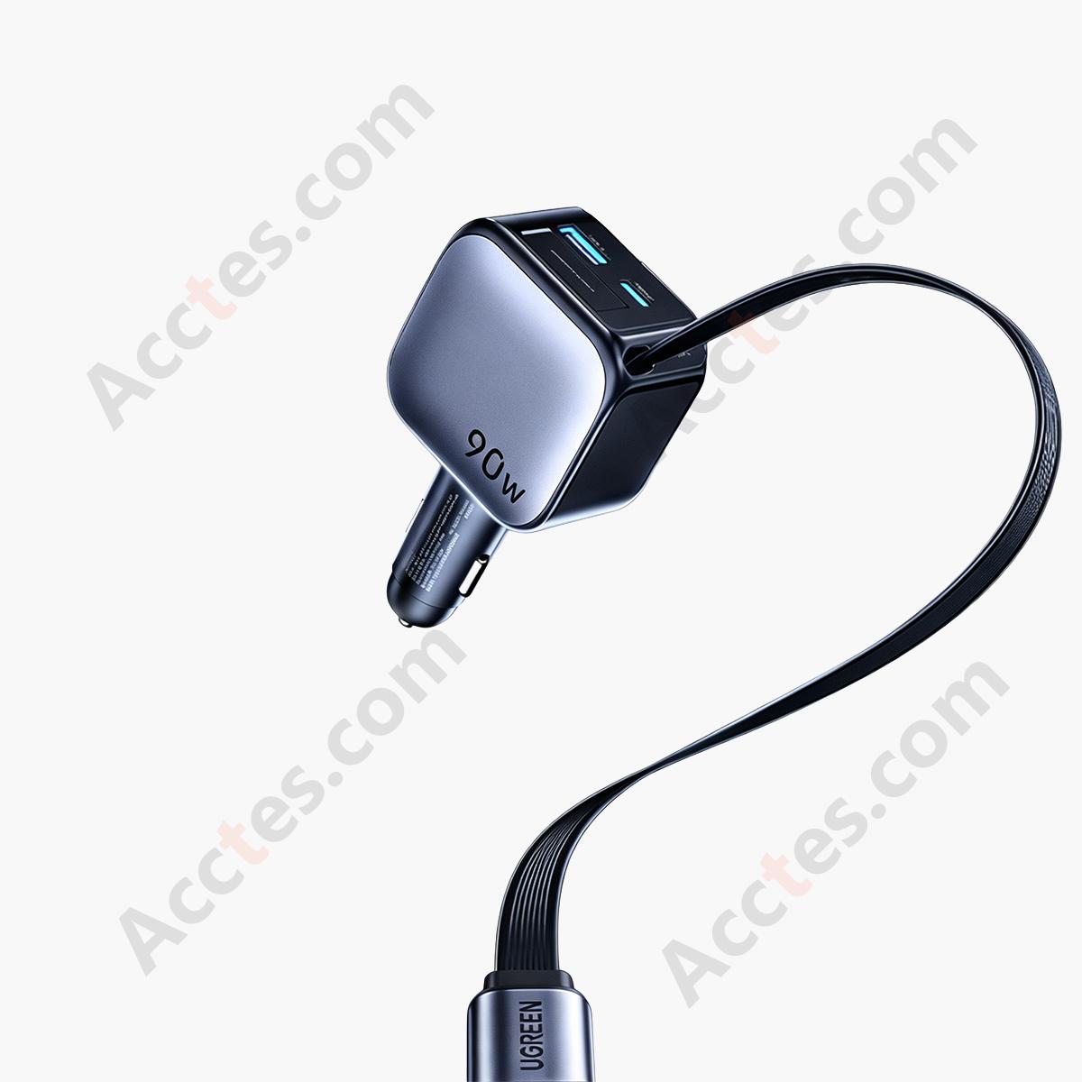 90W Retractable Cable 3 Ports Car Fast Charger Lighter Adapter