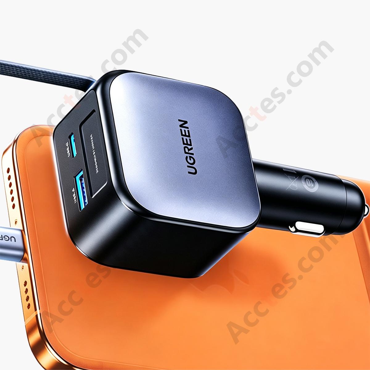 90W Retractable Cable 3 Ports Car Fast Charger Lighter Adapter