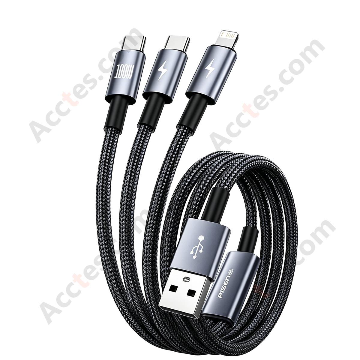 1.2M 3-in-1 Charging Cable 2×Type-C + iOS Port