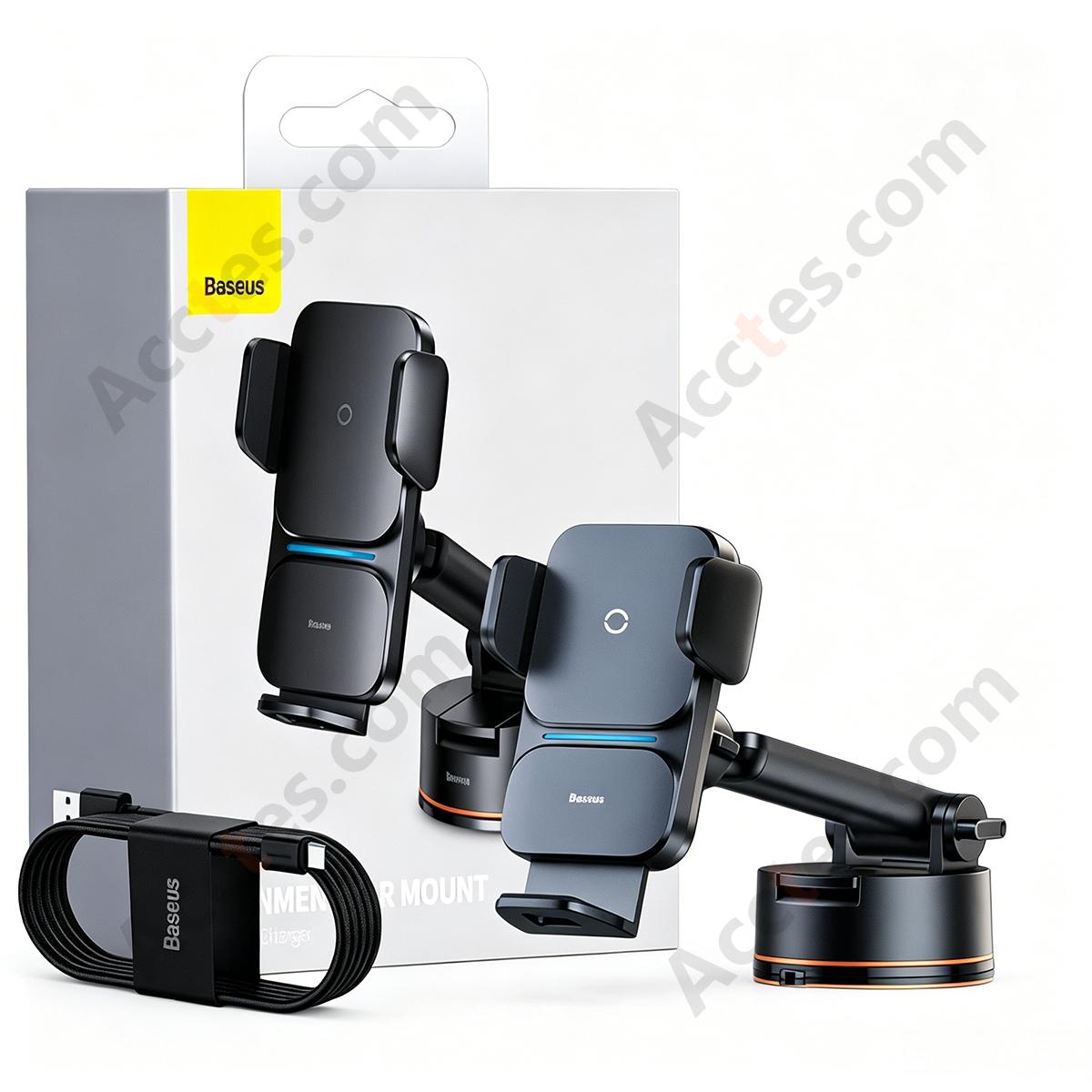 Suction Cup Base Wireless Charging Car Phone Mount USB+Type-C Port