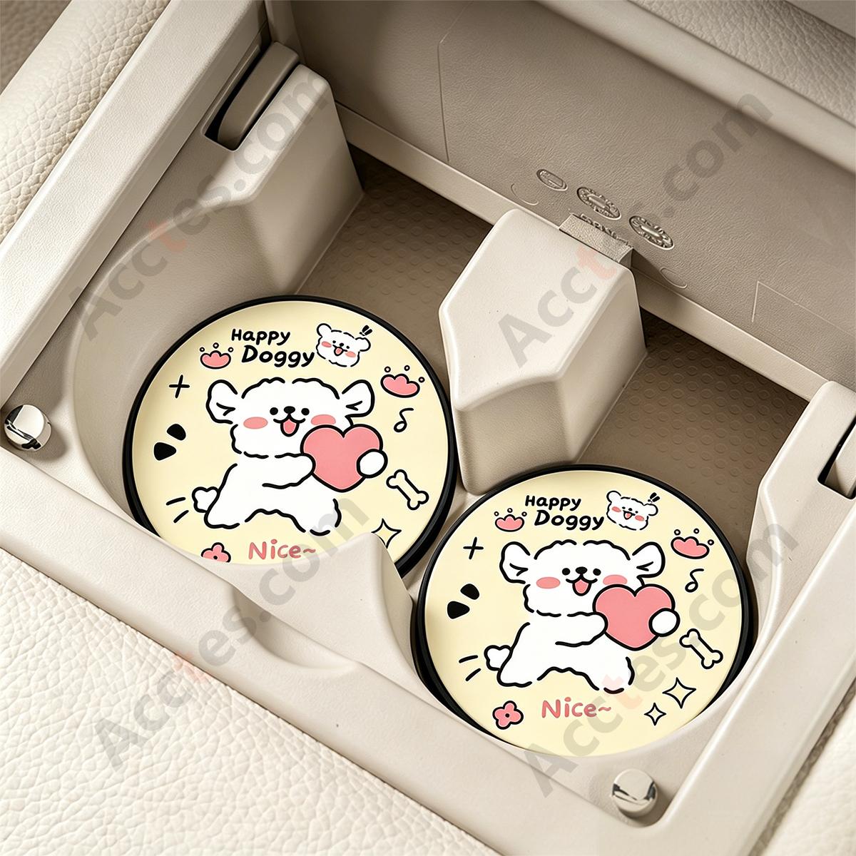 7cm A+B White Dog Heart Pattern Car Cup Coaster Anti-Slip Pad