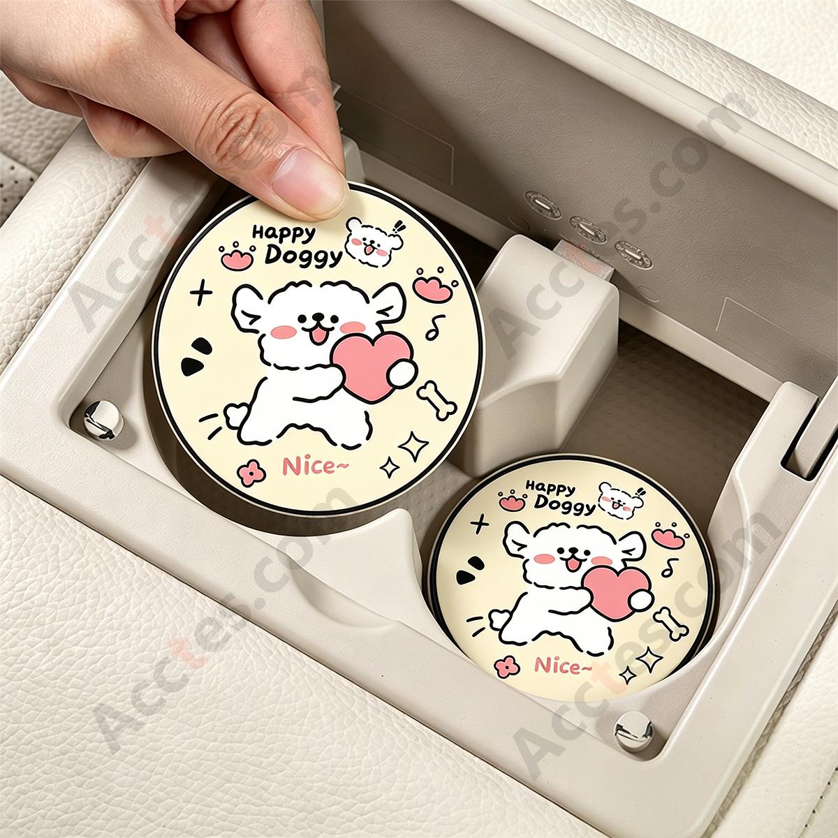 7cm A+B White Dog Heart Pattern Car Cup Coaster Anti-Slip Pad