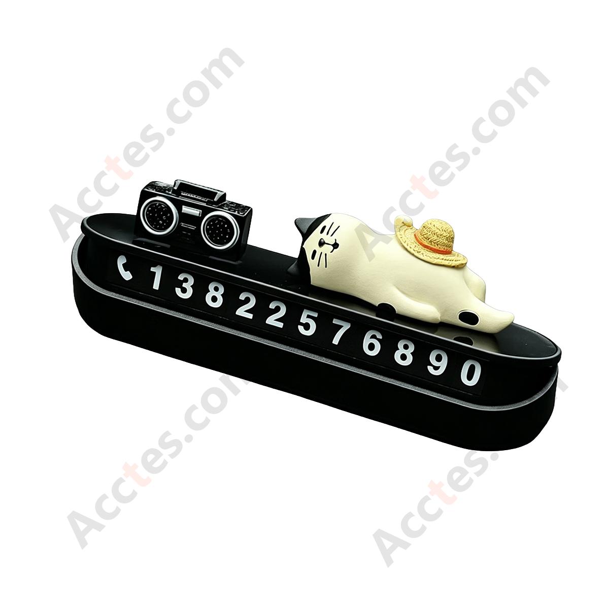 Car Temporary Parking Number Plate Ornament, Cat with Straw Hat & Radio