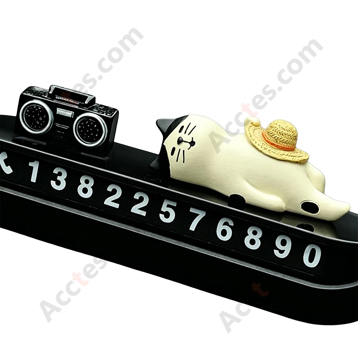 Car Temporary Parking Number Plate Ornament, Cat with Straw Hat & Radio