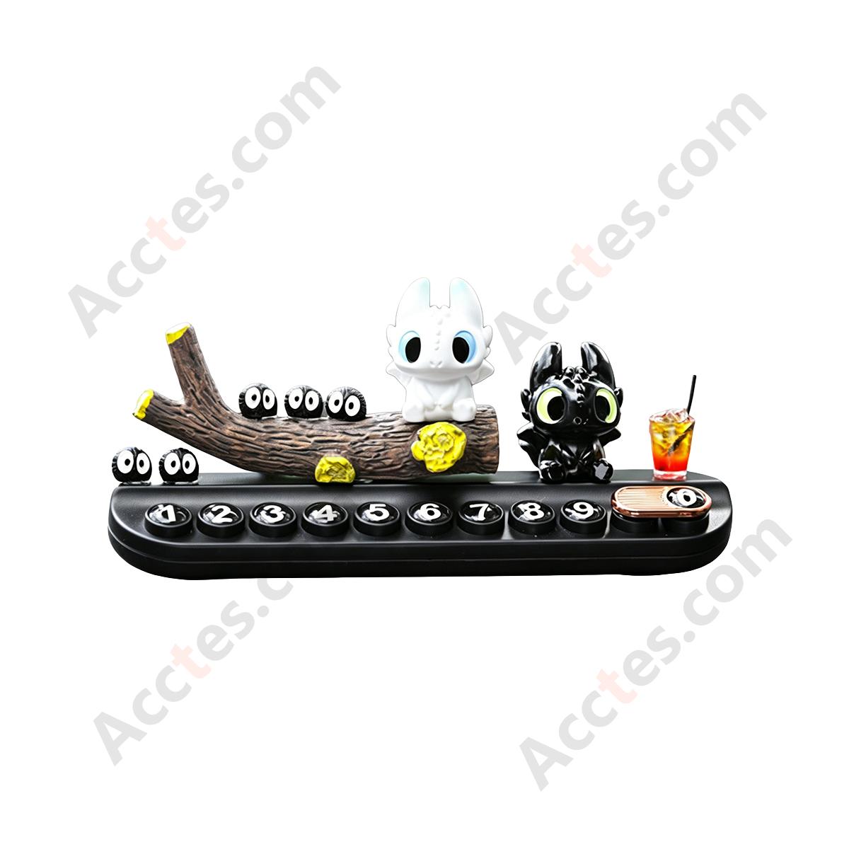 Black White Cartoon Dragon Figurine Parking Plate Ornament with Stump & Decor Balls
