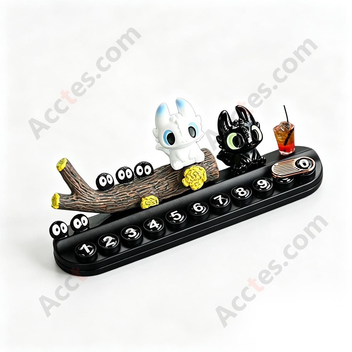 Black White Cartoon Dragon Figurine Parking Plate Ornament with Stump & Decor Balls