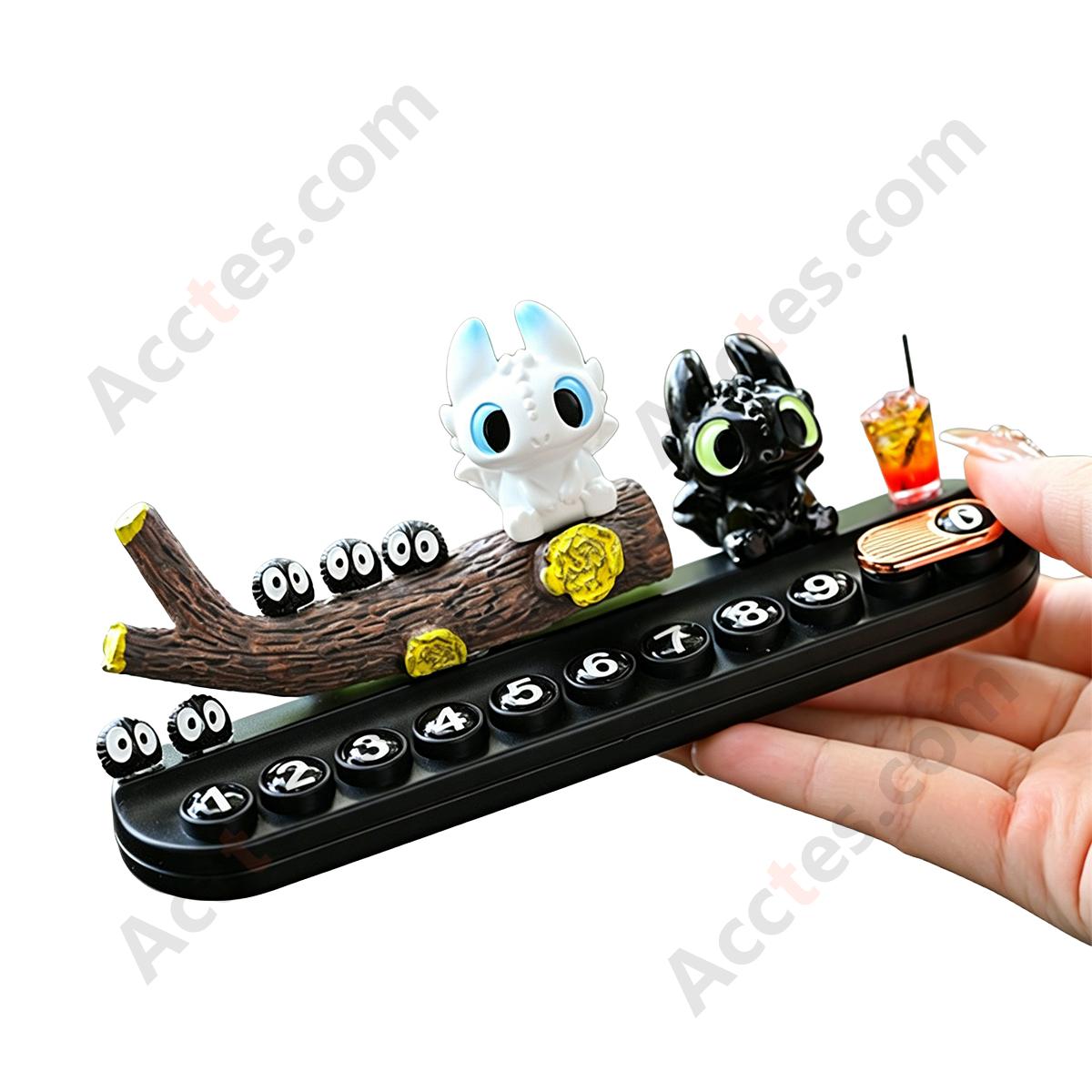 Black White Cartoon Dragon Figurine Parking Plate Ornament with Stump & Decor Balls