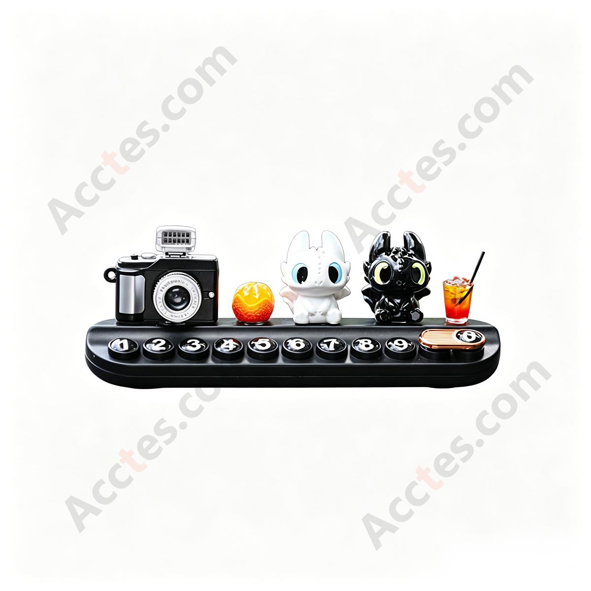 Black White Cartoon Dragon Parking Plate Ornament with Camera & Fruit Miniatures