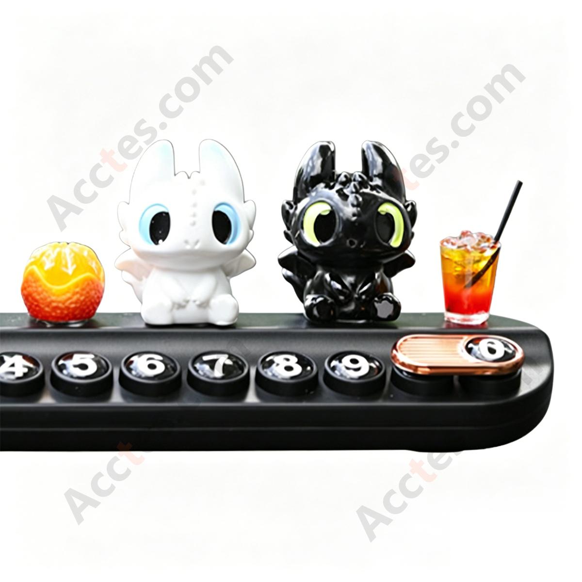 Black White Cartoon Dragon Parking Plate Ornament with Camera & Fruit Miniatures