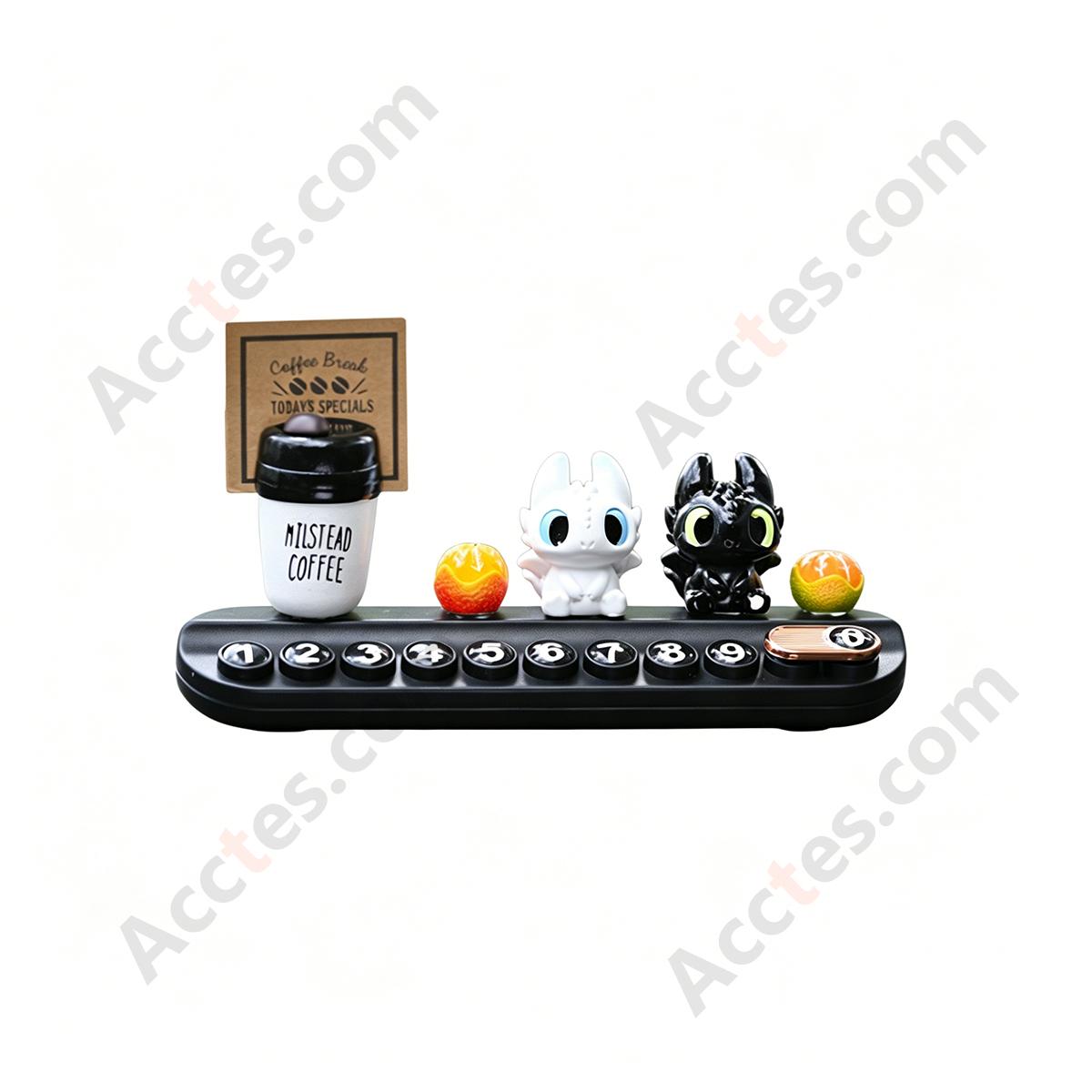 Black White Cartoon Dragon Parking Plate Ornament with Orange & Coffee Cup Miniatures