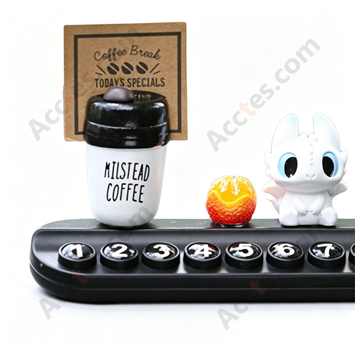 Black White Cartoon Dragon Parking Plate Ornament with Orange & Coffee Cup Miniatures