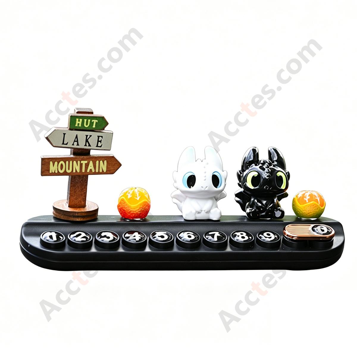 Black White Cartoon Dragon Parking Plate Ornament with Orange & Road Sign Miniatures
