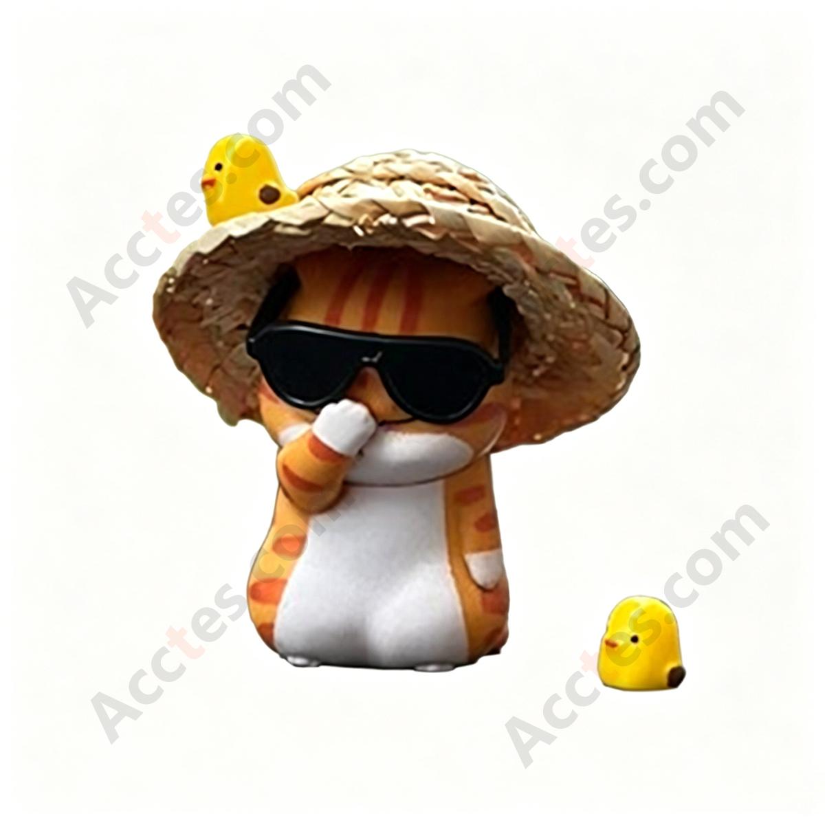Cartoon Cat with Straw Hat Glasses & Two Chicken Figurines Car Dashboard Set