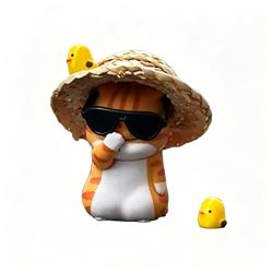 Cartoon Cat with Straw Hat Glasses & Two Chicken Figurines Car Dashboard Set