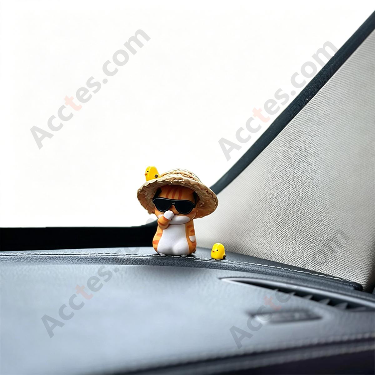 Cartoon Cat with Straw Hat Glasses & Two Chicken Figurines Car Dashboard Set