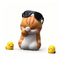 Cartoon Cat with Glasses & Two Chicken Car Dashboard Figurine Set