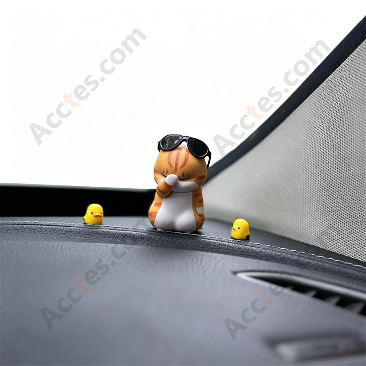 Cartoon Cat with Glasses & Two Chicken Car Dashboard Figurine Set