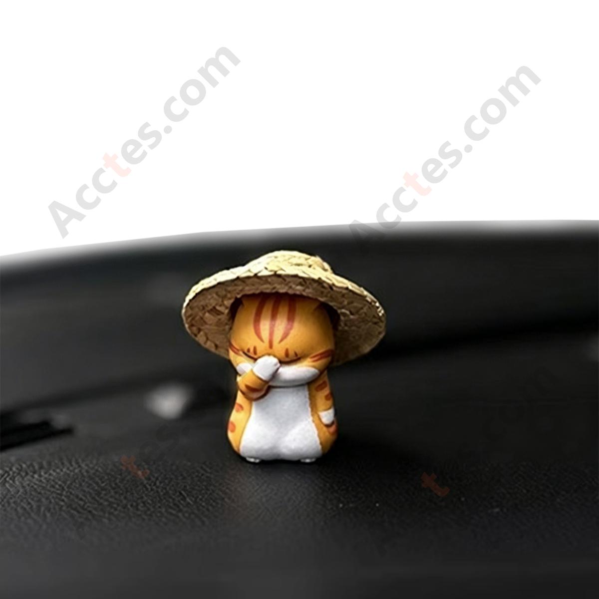 Cartoon Cat with Straw Hat Single Car Dashboard Figurine