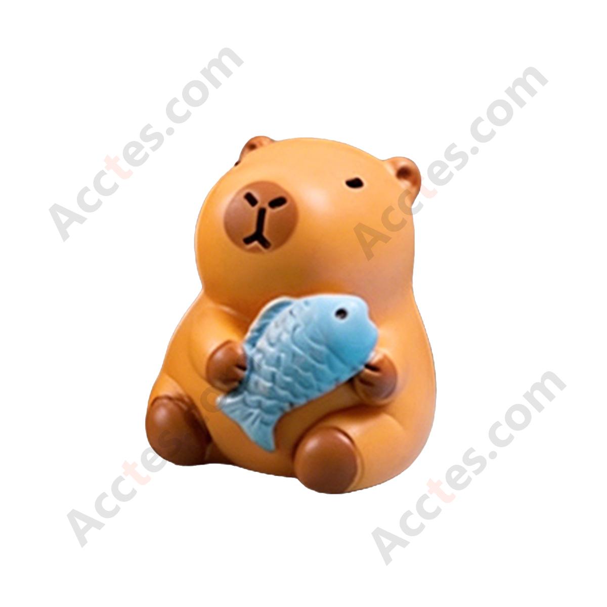 Cartoon Capybara Holding Fish Car Dashboard Figurine