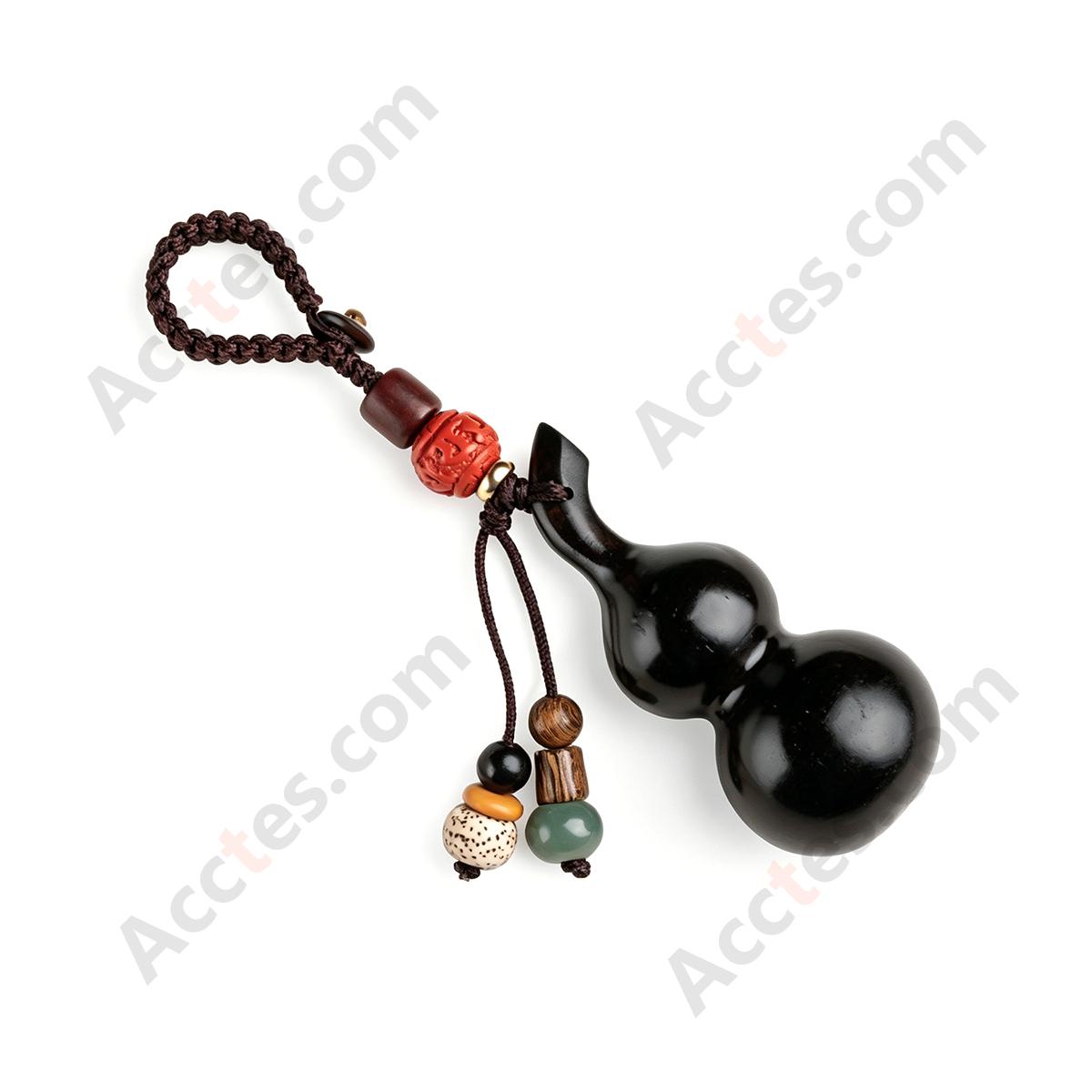 Large Ebony Wood Gourd Pendant with Cinnabar Inlay Charm Ornament
