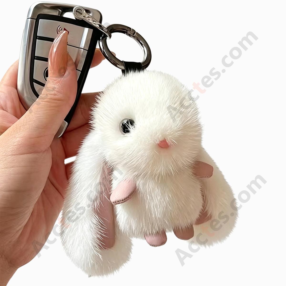 White Plush Bunny Handmade Car Keychain Hanging Ornament