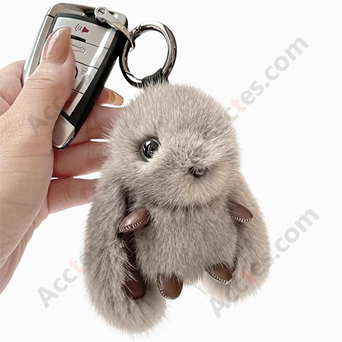 Gray Plush Bunny Handmade Car Keychain Hanging Ornament