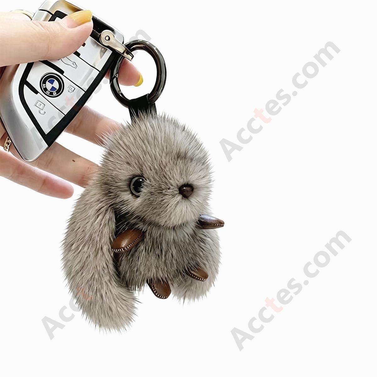 Gray Plush Bunny Handmade Car Keychain Hanging Ornament