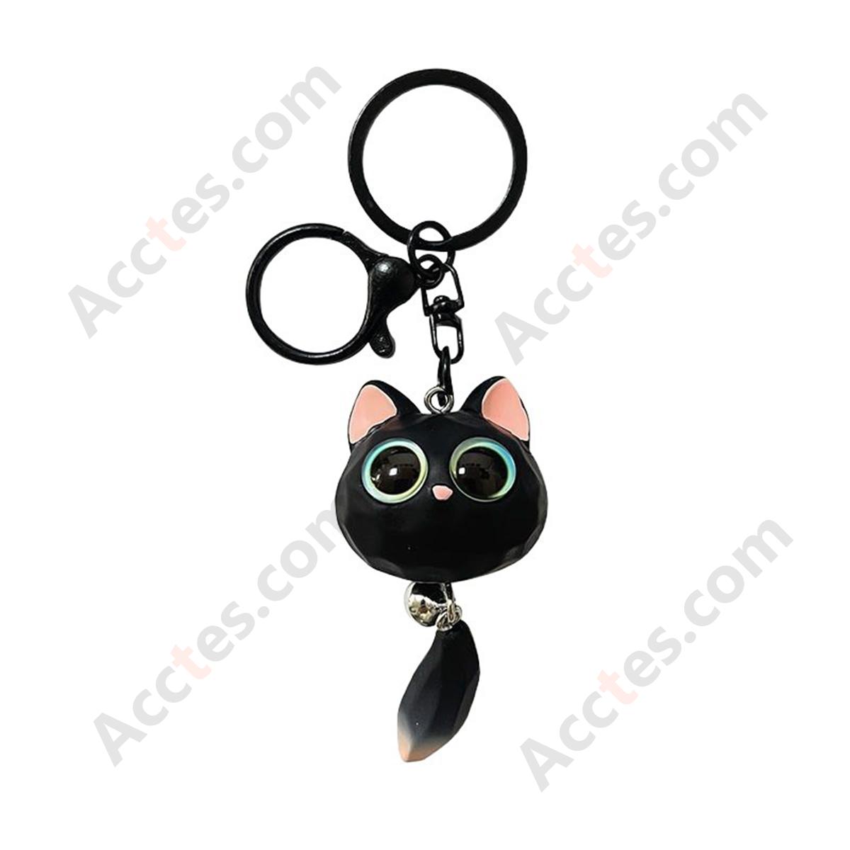Black 3D Resin Cute Big-Eyed Cat Head Car Keychain