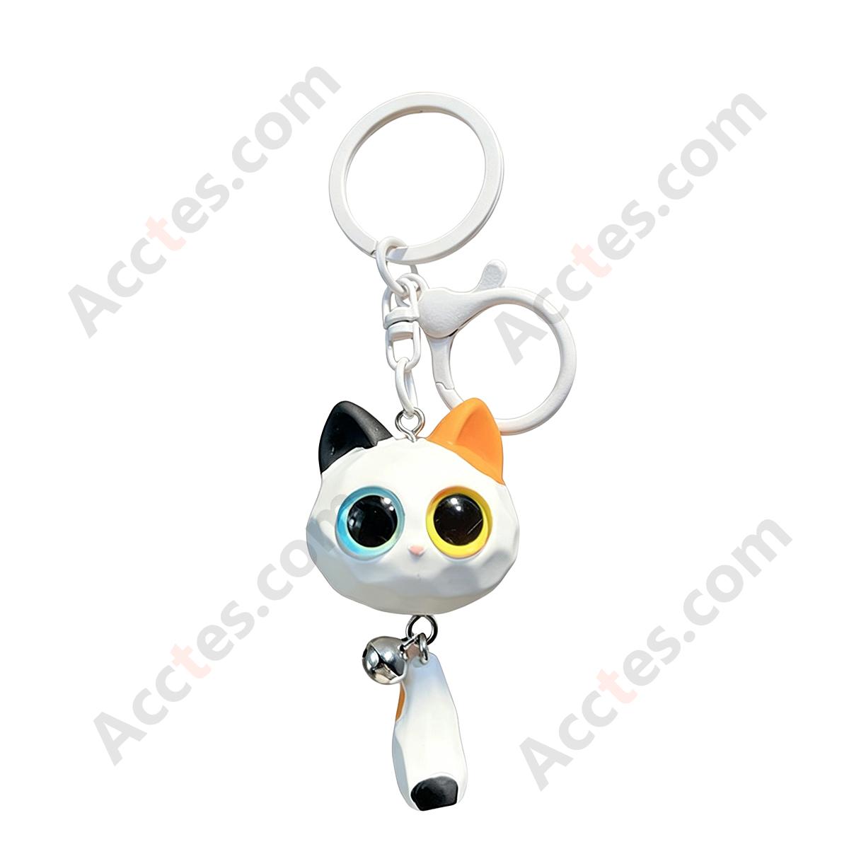 3D Resin Cute Big-Eyed Cat Head Car Keychain with Heterochromatic Eyes