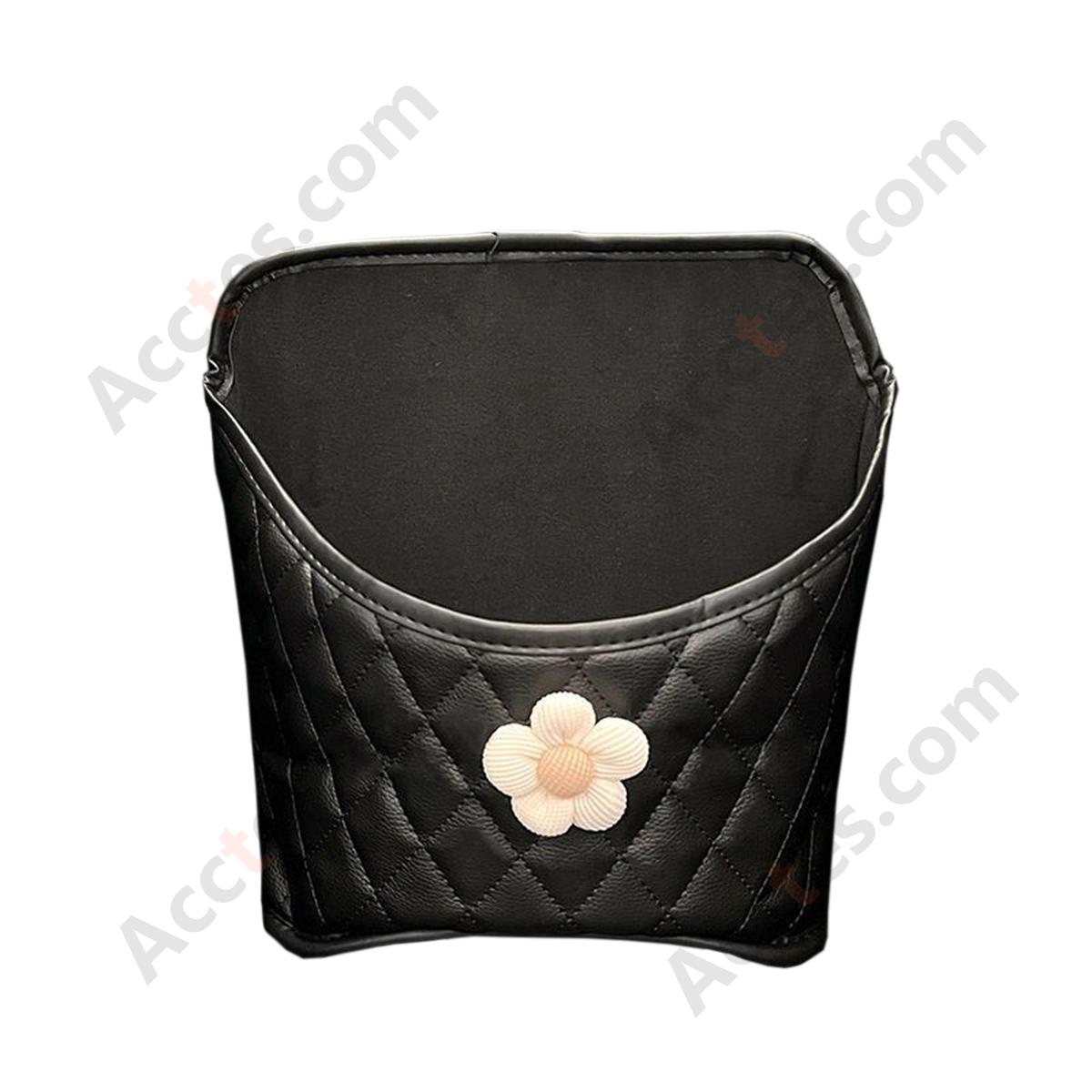Car Middle Seat Hanging Storage Organizer Bag, Simple White Floral Print, Black Base