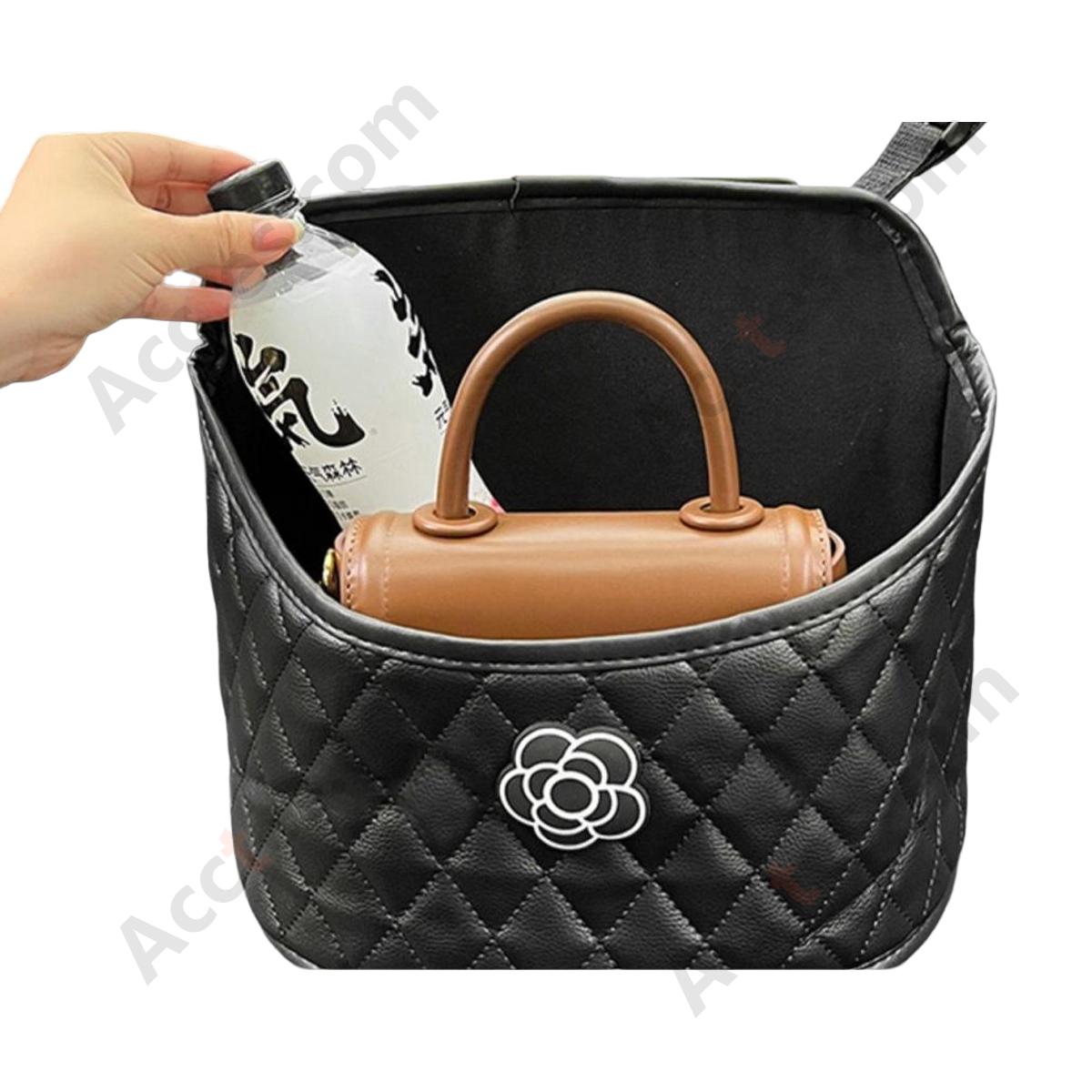Car Middle Seat Hanging Storage Organizer Bag, Simple White Floral Print, Black Base