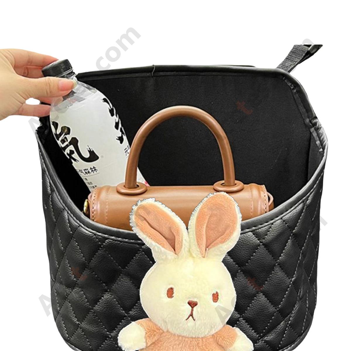 Car Middle Seat Hanging Storage Organizer Bag, Milk Tea Bunny Pattern, Black Base