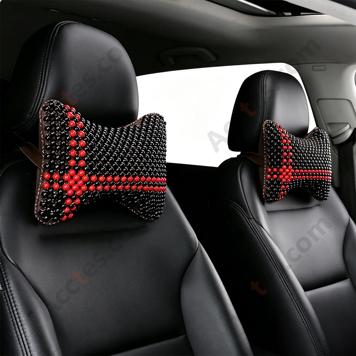 Breathable Wooden Bead Car Neck Support Pillow for Driver Seat, Black with Cable Pattern
