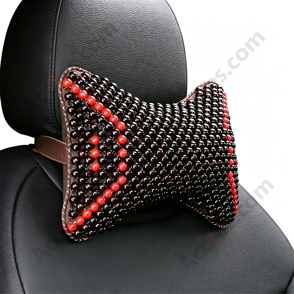 Breathable Wooden Bead Car Neck Support Pillow for Driver Seat, Black Wing with Red Trim