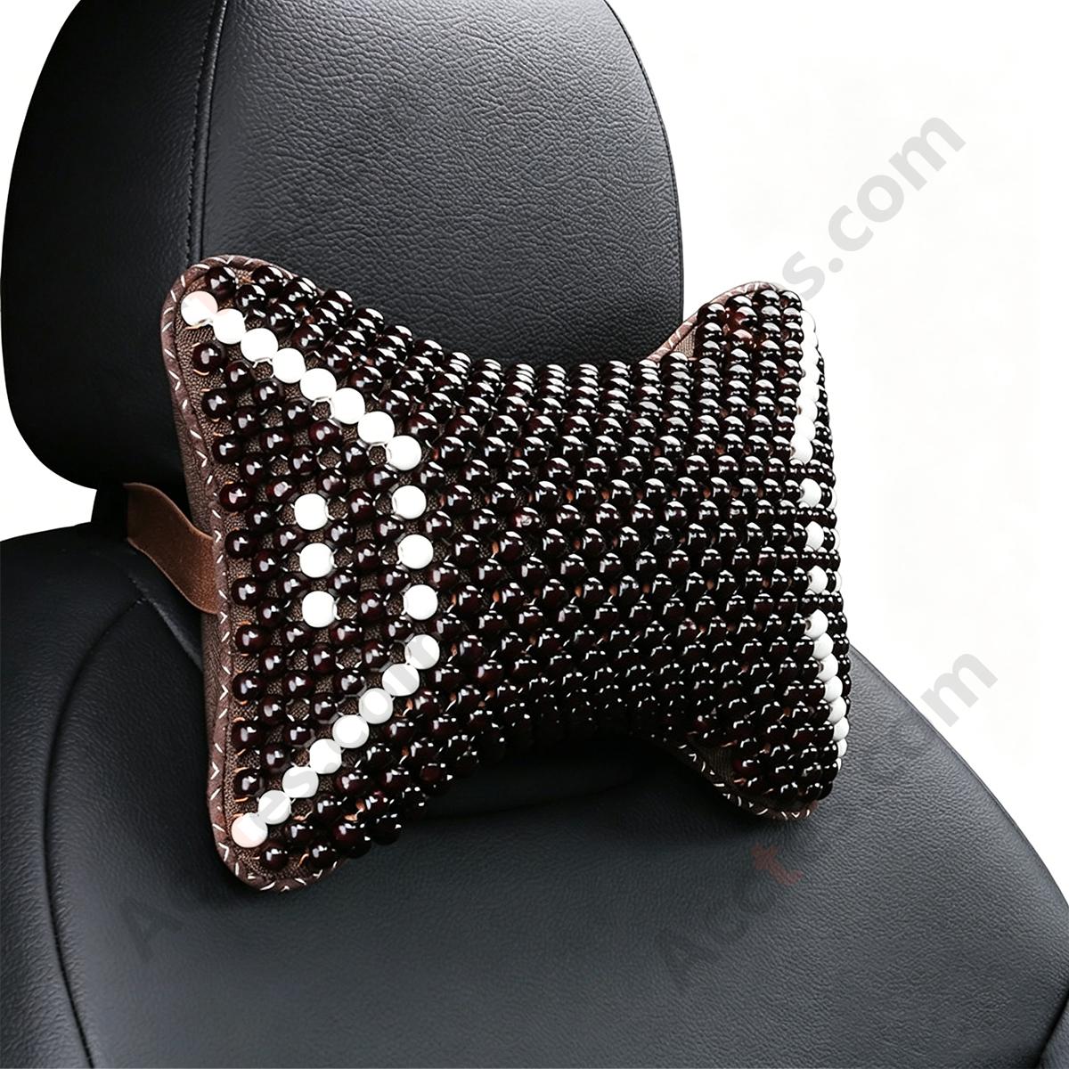 Breathable Wooden Bead Car Neck Support Pillow for Driver Seat, Black Wing with White Trim