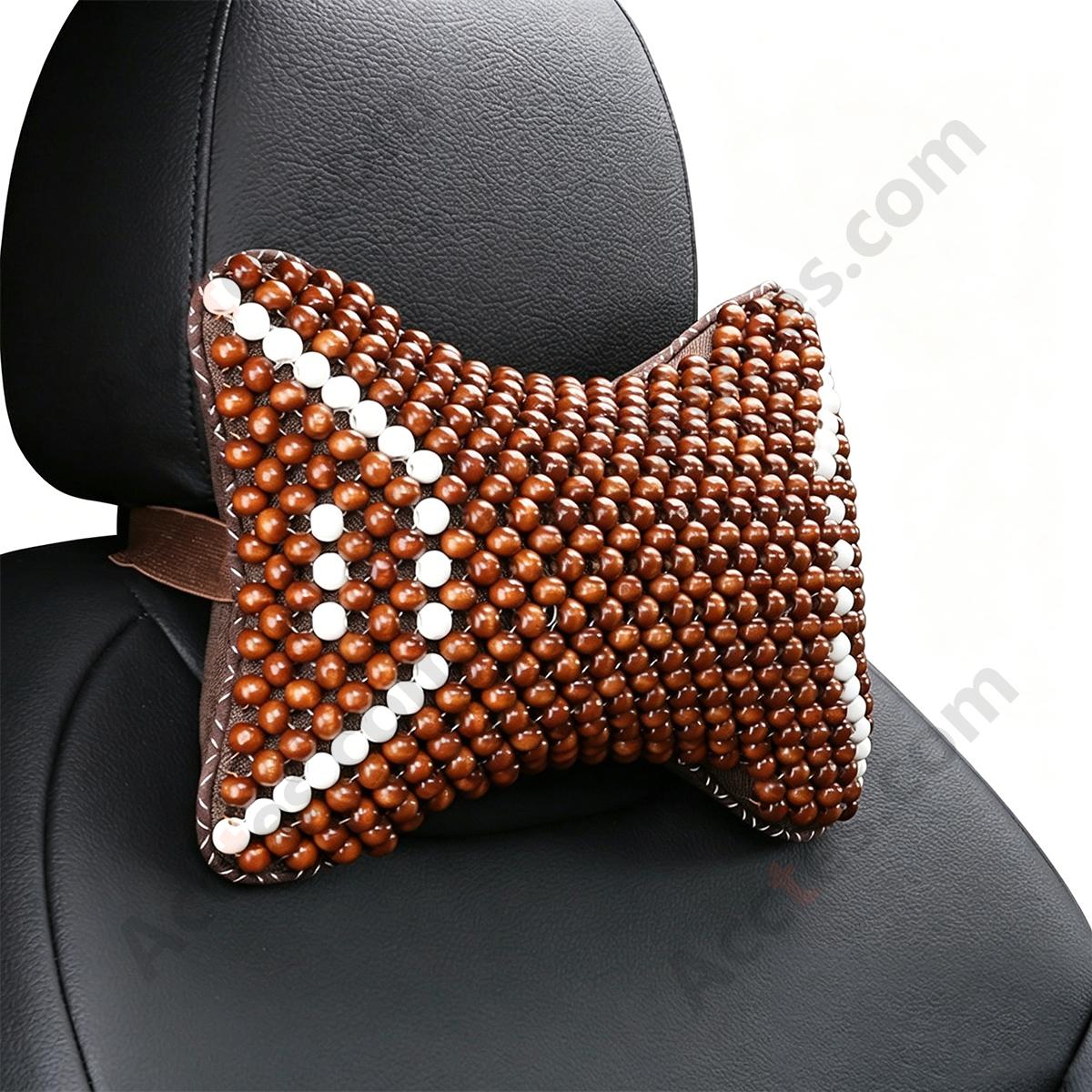 Breathable Wooden Bead Car Neck Support Pillow for Driver Seat, Brown Wing with White Trim
