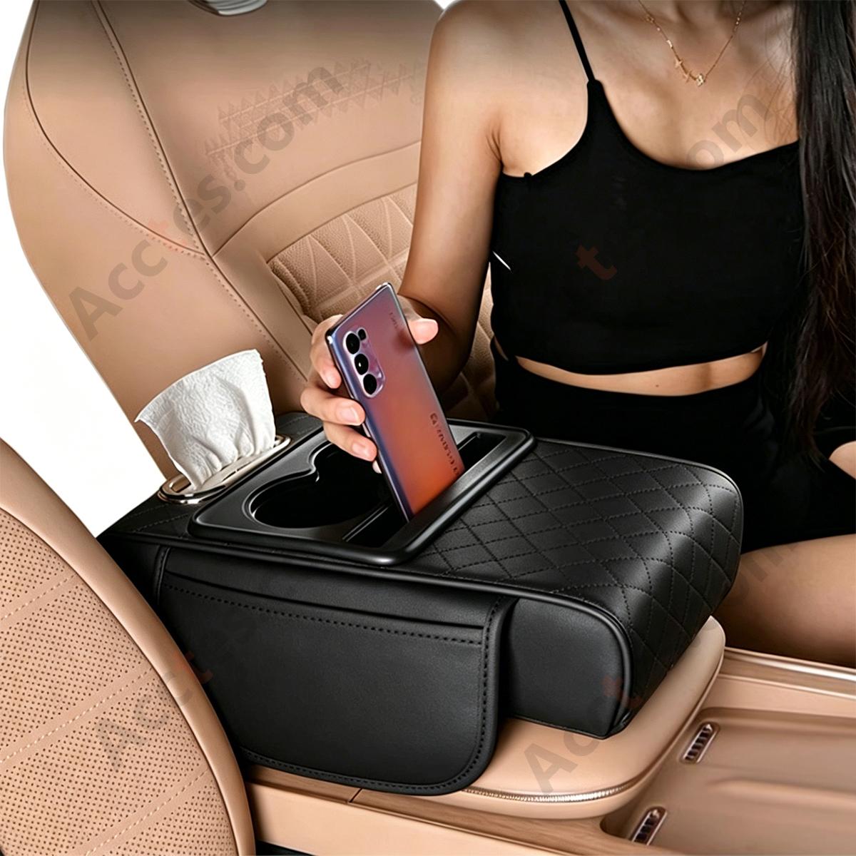 4-in-1 Multifunctional Car Tissue Box, Armrest Riser Pad, Storage Bag & Cup Holder, Black