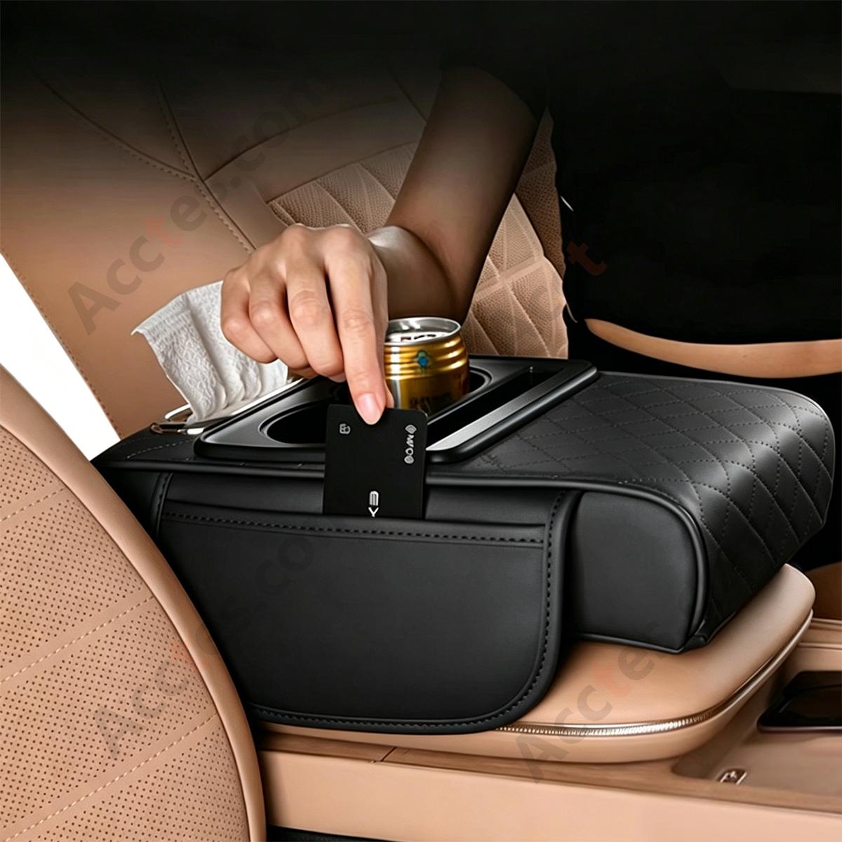 4-in-1 Multifunctional Car Tissue Box, Armrest Riser Pad, Storage Bag & Cup Holder, Black