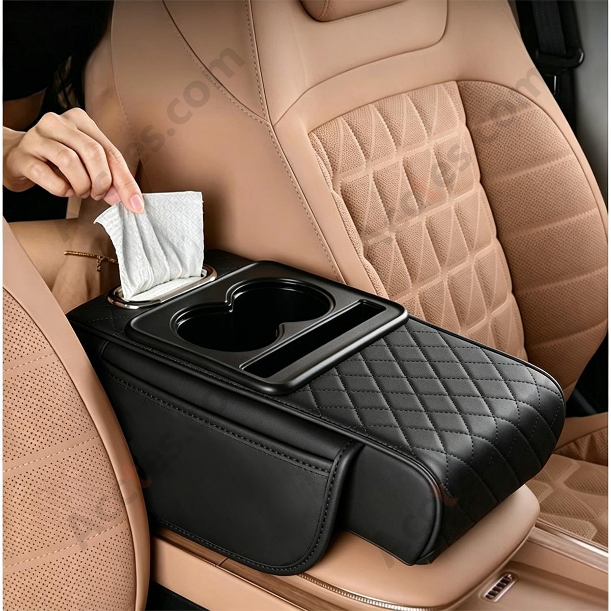 4-in-1 Multifunctional Car Tissue Box, Armrest Riser Pad, Storage Bag & Cup Holder, Black