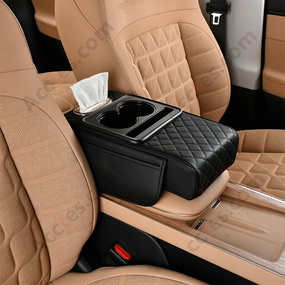 4-in-1 Multifunctional Car Tissue Box, Armrest Riser Pad, Storage Bag & Cup Holder, Black