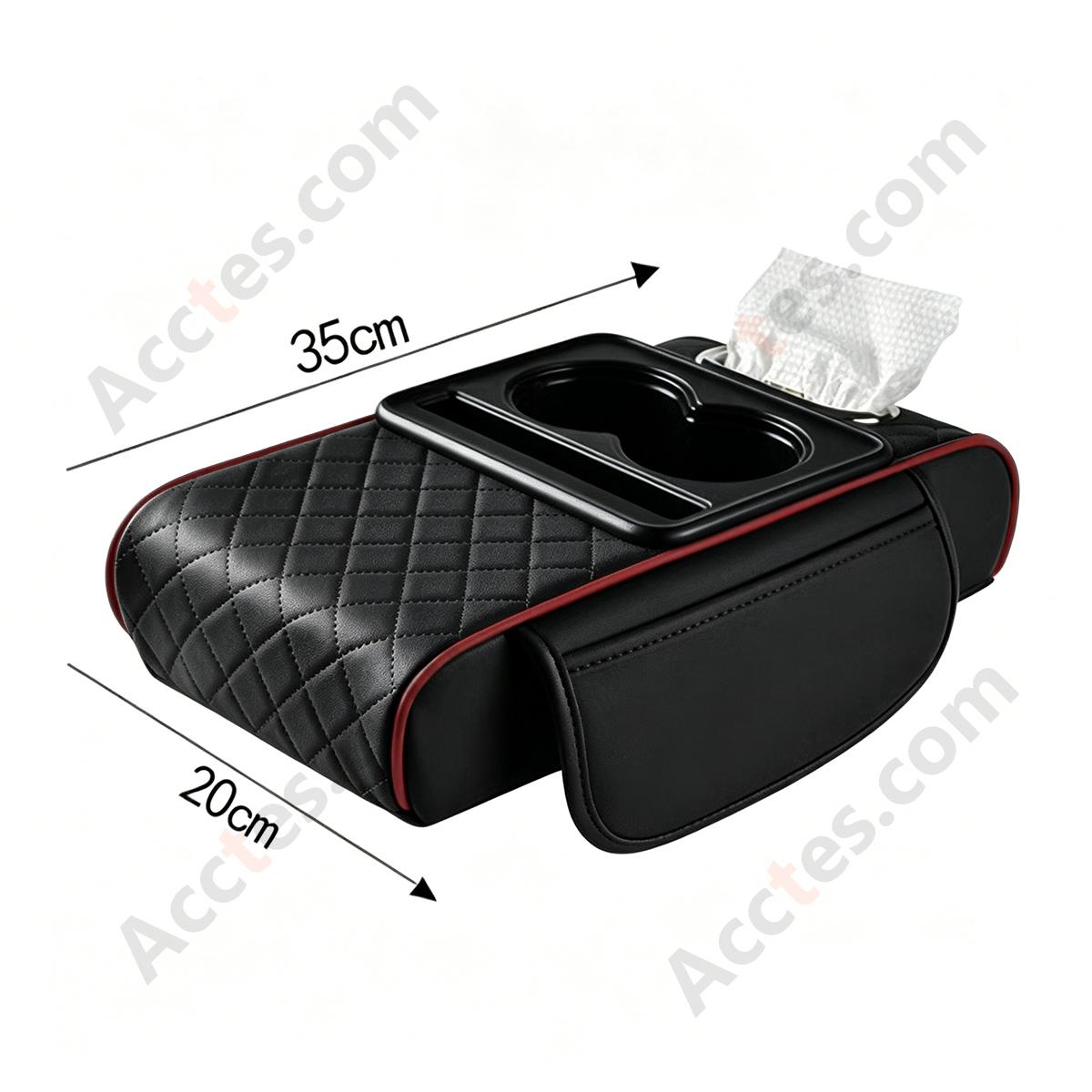 4-in-1 Multifunctional Car Tissue Box, Armrest Riser Pad, Storage Bag & Cup Holder, Black Red