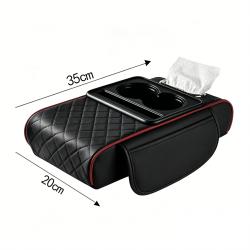4-in-1 Multifunctional Car Tissue Box, Armrest Riser Pad, Storage Bag & Cup Holder, Black Red