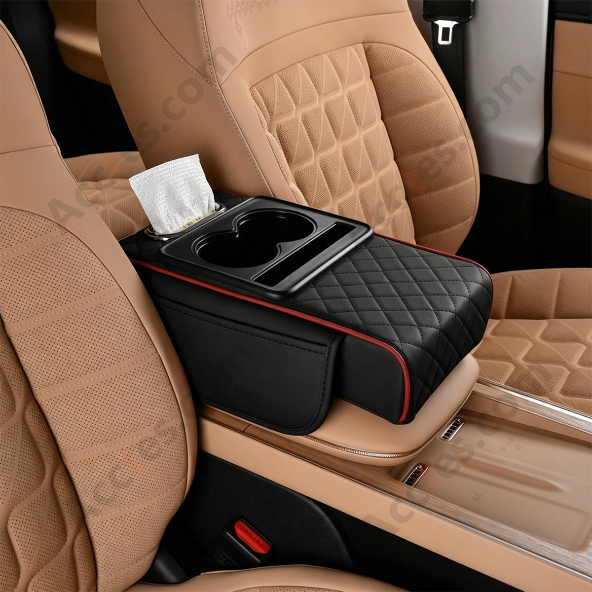 4-in-1 Multifunctional Car Tissue Box, Armrest Riser Pad, Storage Bag & Cup Holder, Black Red
