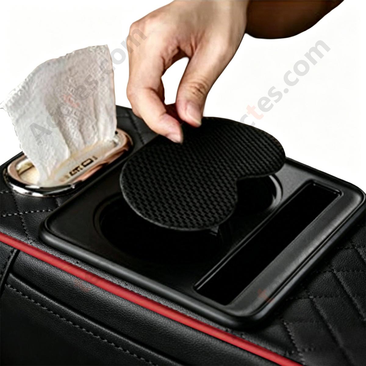 4-in-1 Multifunctional Car Tissue Box, Armrest Riser Pad, Storage Bag & Cup Holder, Black Red