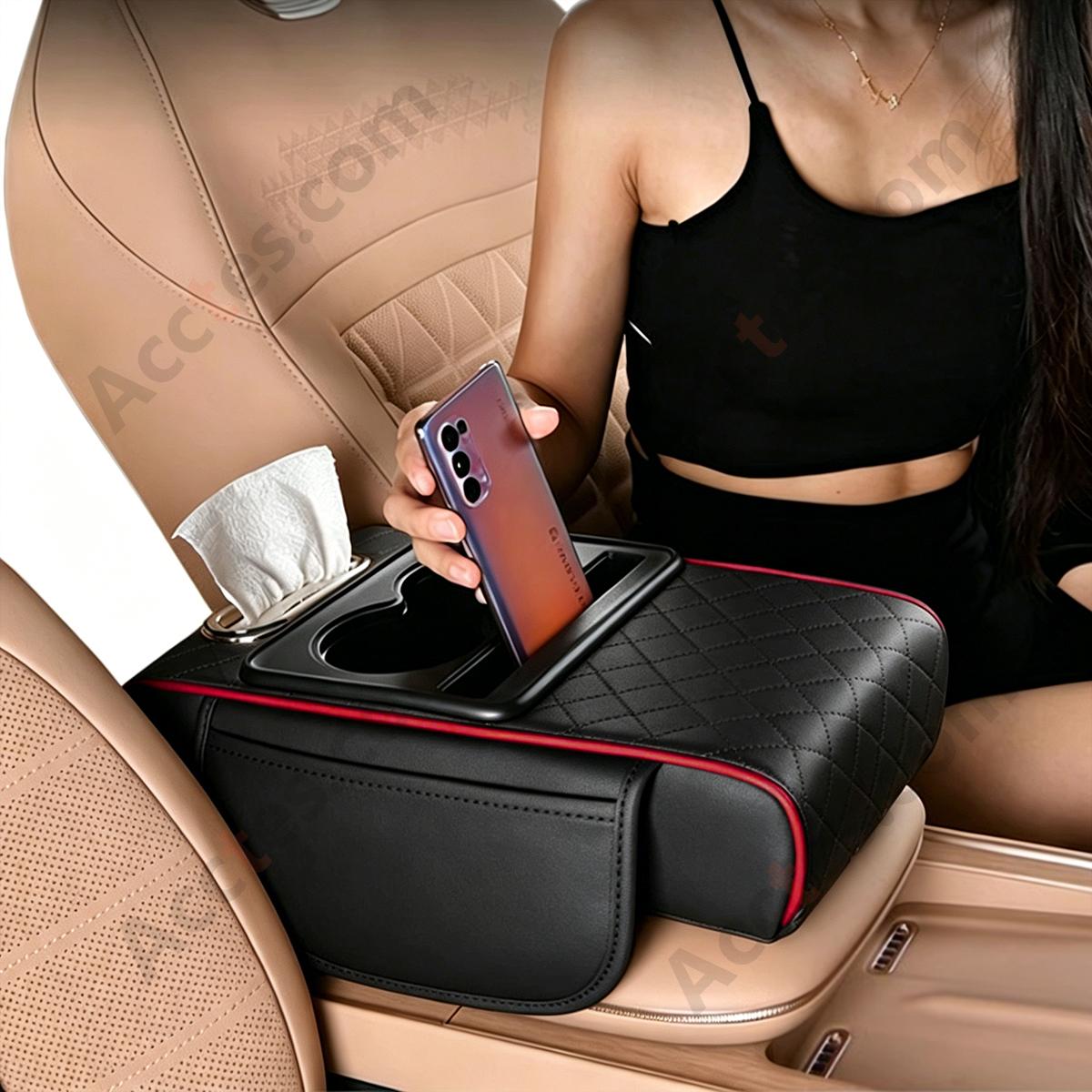 4-in-1 Multifunctional Car Tissue Box, Armrest Riser Pad, Storage Bag & Cup Holder, Black Red