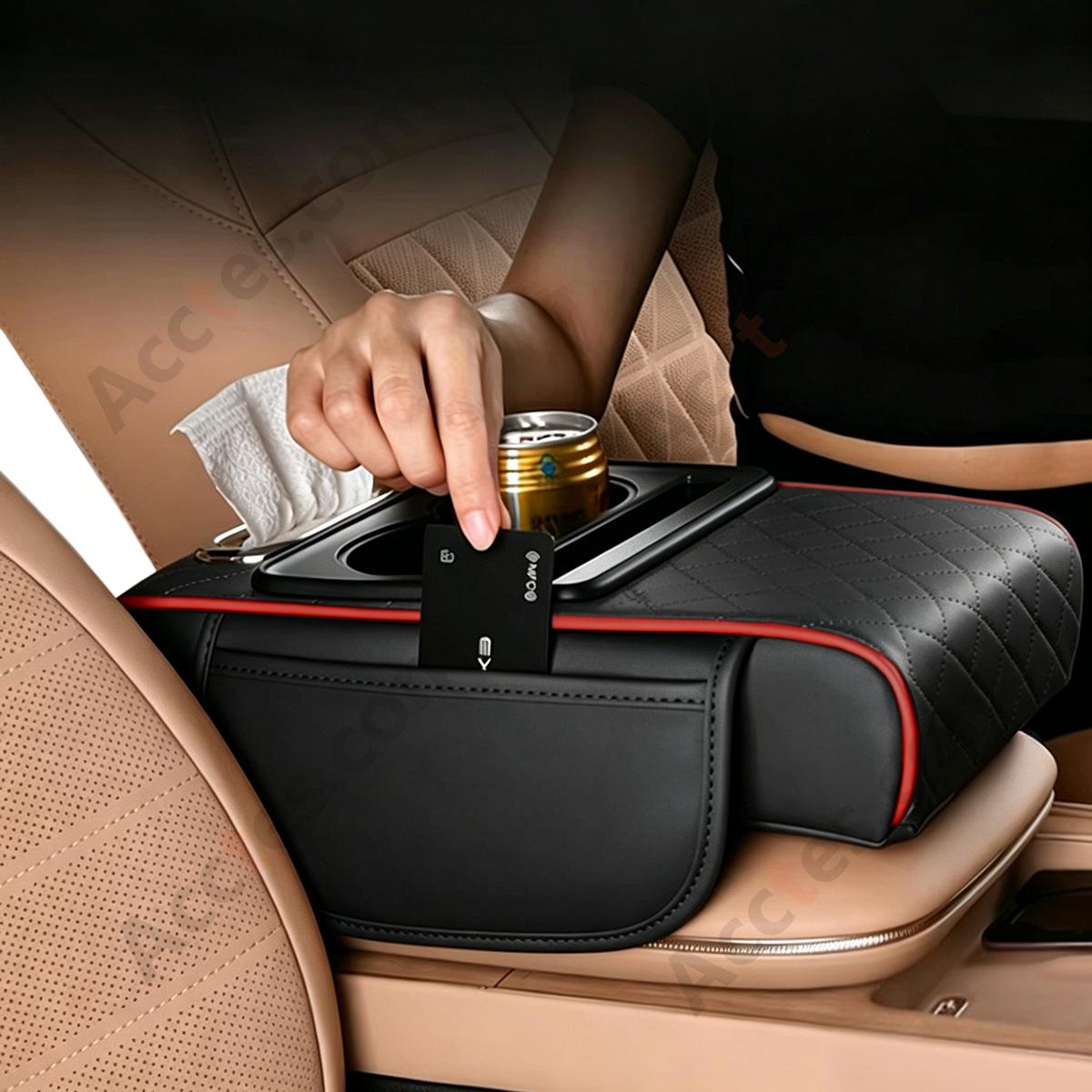 4-in-1 Multifunctional Car Tissue Box, Armrest Riser Pad, Storage Bag & Cup Holder, Black Red