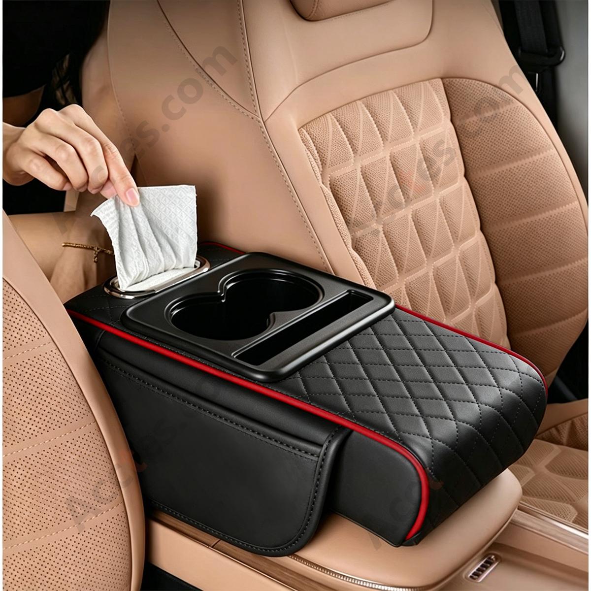 4-in-1 Multifunctional Car Tissue Box, Armrest Riser Pad, Storage Bag & Cup Holder, Black Red